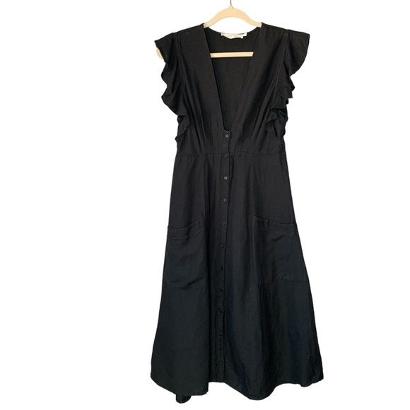 ASTR THE‎ LABEL Carolina black linen blend button up midi V-neck dress. Size M - Picture 1 of 10